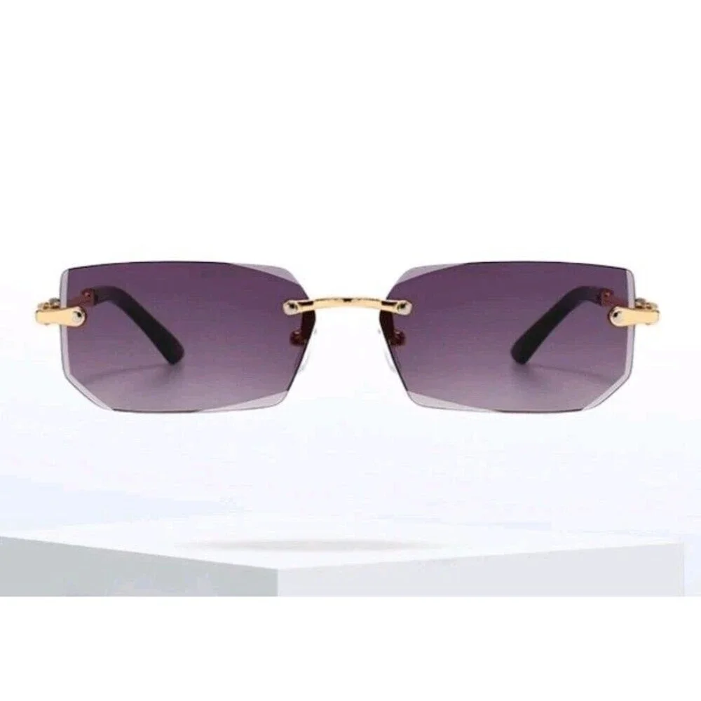 Rimless Sunglasses Purple Tinted Lenses Gold Frame
